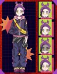  1boy :d absurdres alternate_costume bag bingtian_mha black_hair blue_pants blush cargo_pants clothes_around_waist commentary commission drawstring english_commentary expressionless full_body grey_shirt hair_pulled_back hand_in_pocket highres hood hood_down hooded_jacket jacket kieran_(pokemon) long_sleeves male_focus multiple_expressions pants parted_lips pokemon pokemon_scarlet_and_violet purple_hair purple_shoes shaded_face shirt shirt_around_waist shoes shoulder_bag smile solo standing straight-on v-shaped_eyebrows yellow_eyes zipper zipper_pull_tab 