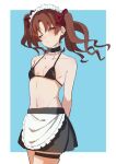  1girl alternate_costume apron arms_behind_back bikini black_bikini black_choker blue_background border bow breasts brown_eyes brown_hair choker closed_mouth collarbone commentary_request cowboy_shot frilled_choker frills hair_bow highres long_hair looking_at_viewer maid maid_apron maid_bikini maid_headdress navel one_eye_closed outside_border red_bow shirai_kuroko small_breasts solo swimsuit ten_8810 thigh_strap toaru_kagaku_no_railgun toaru_majutsu_no_index twintails unconventional_maid white_apron white_border 