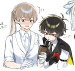  2boys amano_mashiro black_gloves black_hair blush brown_hair collared_shirt commentary_request don5435 dress_shirt drinking drinking_straw earrings esse_series food_theft formal_clothes gloves jewelry kobayashi_luca male_focus multiple_boys oshi_no_taisetsuna_hito_ni_narikawaru paint_chat_(medium) ponytail shirt simple_background stud_earrings suit upper_body vest white_background white_gloves white_shirt white_vest yellow_eyes 