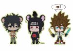  3boys animal_ears anmicius aotu_world bird black_eyes black_hair black_pants blue_eyes brown_hair chen_shiliuchen chibi chibi_only chinese_commentary commentary_request crow expressionless false_memory forehead_protector green_outline green_pants guan_chao_(false_memory) hedgehog high-visibility_clothing high-visibility_vest highres holding holding_sword holding_weapon looking_at_another looking_at_viewer male_focus mouse_boy mouse_ears mouse_tail multiple_boys naruto_(series) outline pants red_eyes red_shoes sandals shirt shoes short_sleeves simple_background slides speech_bubble sword tail tear_troughs uchiha_itachi vest weapon white_background white_shirt 