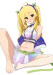 1girl ahoge barefoot belt blonde_hair blue_hairband blush breasts facing_viewer feet fishnet_thighhighs fishnets full_body green_belt green_eyes hairband highres hoshii_miki idolmaster idolmaster_(classic) knee_up long_hair looking_to_the_side medium_breasts miniskirt multicolored_skirt nail_polish pink_nails purple_skirt see-through_cleavage see-through_clothes sideways_glance simple_background single_thighhigh sitting skirt soayo solo thighhighs toenail_polish toenails toes twintails white_background white_skirt 