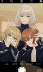  1boy 2girls alternate_costume artoria_caster_(fate) artoria_pendragon_(fate) blonde_hair blue_eyes camera_pov commentary_request contemporary double_v fate/grand_order fate_(series) fujimaru_ritsuka_(female) green_eyes grey_hair grin hana_kanmuri highres jacket light_blush light_smile looking_at_viewer multiple_girls oberon_(fate) open_clothes open_jacket orange_eyes orange_hair smile track_suit unzipped upper_body v yakudo_trio 