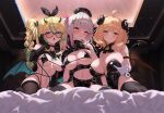  3girls absurdres arm_strap bare_shoulders bed bed_sheet belt bikini black-framed_eyewear black_bikini black_bow black_collar black_leotard black_sailor_collar black_thighhighs blonde_hair blush bow braid braided_ponytail breasts closed_mouth collar covered_nipples demon_girl demon_horns demon_tail demon_wings detached_collar elbow_gloves eyewear_on_head glasses gloves green_bow green_eyes hair_bow hair_ornament hat highres horns huge_breasts indoors large_areolae large_breasts leotard long_hair looking_at_viewer medium_hair multicolored_hair multiple_girls navel nurse_cap on_bed open_mouth original purple_eyes red_eyes sailor_collar sheep_horns side_ponytail sitting smile swimsuit tail tansui_san_(tcjp4784) teeth thighhighs thighs twintails variant_set veins veiny_breasts voice_drama_available wariza white_gloves wings x_hair_ornament 