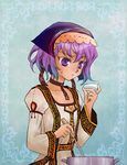  ana_(hikari_no_valusia) blue_background choker dress head_scarf hikari_no_valusia naka_(ez) pot purple_eyes purple_hair short_hair solo steampunk_(liarsoft) sweat 