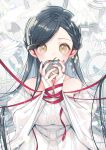  1girl apple bird black_hair blurry blurry_foreground bound bound_wrists braid bridal_gauntlets clothing_cutout commentary_request covered_mouth dress food fruit hair_ornament holding holding_food holding_fruit honzuki_no_gekokujou jewelry keiko_(x_h2o) long_hair long_sleeves looking_at_viewer myne_(honzuki_no_gekokujou) partial_commentary partially_colored red_nails ribbon ring sash shoulder_cutout solo standing very_long_hair white_dress white_sash wide_sleeves yellow_eyes 