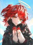 1girl angel arknights az'ruler black_gloves black_jacket commentary energy_wings exusiai_(arknights) exusiai_the_new_covenant_(arknights) fingerless_gloves gloves halo highres jacket looking_at_viewer one_side_up red_hair short_hair smile solo traditional_halo wings yellow_eyes 