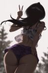  1girl ai-assisted alternate_costume ass black_bra bleach bra casual commentary film_grain from_behind highres kuchiki_rukia long_hair prixmal purple_shorts short_shorts shorts signature solo tank_top thighs twitter_username underwear v very_long_hair white_tank_top 