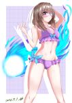  1girl absurdres alternate_costume arm_up ass_visible_through_thighs bare_shoulders bikini blue_bow blunt_bangs blush bob_cut border bow bow_bikini breasts brown_hair cleavage commentary_request dated drop_shadow eyelashes eyepatch fan_request feet_out_of_frame frilled_bikini frills groin hand_up heaven_burns_red highres hiiragi_kozue hitodama kiri_giri41 looking_at_viewer medical_eyepatch medium_breasts medium_hair navel one_eye_covered open_mouth outside_border purple_background purple_bikini purple_eyes shiny_skin signature simple_background solo standing stomach swimsuit thighs white_border 