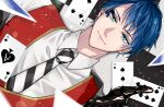  1boy 8_minuten ace_(playing_card) ace_of_spades aqua_eyes black_gloves blue_hair blurry blurry_foreground card checkered_floor choppy_bangs collared_shirt colored_eyelashes commentary_request depth_of_field deuce_spade diagonal-striped_clothes diagonal-striped_necktie dutch_angle eight_of_spades facial_mark floating_card four_of_spades from_above gloves gold_trim indoors leather leather_gloves light_smile looking_ahead looking_at_viewer lying male_focus necktie night_raven_college_school_uniform off_shoulder on_back pale_skin parted_bangs playing_card portrait red_vest school_uniform shirt short_hair solo spade_(shape) spade_facial_mark sparkle sparkling_eyes striped_clothes striped_necktie three_of_spades twisted_wonderland very_short_hair vest waistcoat white_shirt 