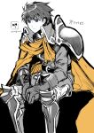 1205sub 1boy armor blue_eyes closed_mouth commentary_request fire_emblem fire_emblem:_path_of_radiance fire_emblem_heroes headband ike_(brave_mercenary)_(fire_emblem) ike_(fire_emblem) male_focus official_alternate_costume partially_colored pauldrons short_hair shoulder_armor simple_background single_pauldron sitting solo translation_request 