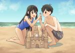  1boy 1girl aged_down alternate_costume antenna_hair aubrey_(faraway)_(omori) aubrey_(omori) barefoot beach black_eyes black_hair black_swim_trunks blue_sky blush bow bright_pupils collarbone commentary_request day dendenmushi1064 hair_bow highres kneeling leaning_forward long_hair looking_at_another ocean omori open_mouth outdoors pink_bow sand sand_castle sand_sculpture short_hair sidelocks sky smile squatting sunny_(omori) tongue topless_male water white_pupils 