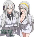  2girls absurdres alternate_costume arm_under_breasts black_shirt blindfold breasts cleavage commentary_request crossed_arms gekkou_(senran_kagura) green_eyes grey_hair hair_between_eyes hairband hand_on_another's_shoulder highres large_breasts long_hair looking_at_viewer multiple_girls necktie open_mouth pants senkou_(senran_kagura) senran_kagura senran_kagura_new_link senran_kagura_shinovi_nexus shawl shirt siblings sidelocks simple_background sisters skirt smile standing suit surippa1010 thighs v white_necktie white_pants white_shawl white_skirt white_suit yellow_hairband 