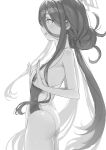  1girl adjusting_clothes adjusting_swimsuit aris_(blue_archive) aris_(c108_swimsuit)_(blue_archive) armpit_crease ass bare_arms bare_shoulders blue_archive breasts commentary competition_swimsuit cowboy_shot double_bun from_side greyscale hair_between_eyes hair_bun halo hands_up highres long_bangs long_hair looking_ahead low_twintails monochrome one-piece_swimsuit parted_lips profile ringed_eyes simple_background small_breasts solo standing swimsuit tori_udon twintails two-tone_one-piece_swimsuit very_long_hair white_background 