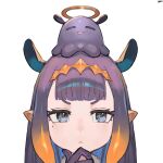  1girl :< :3 =_= blue_eyes center-flap_bangs closed_mouth commentary diamond_hairband double-parted_bangs english_commentary fang fur_collar gloves gradient_hair halo hand_on_own_chin hololive hololive_english light_blush looking_at_viewer mole mole_under_eye multicolored_hair ninomae_ina'nis ninomae_ina'nis_(1st_costume) on_head open_mouth orange_hair pointy_ears portrait purple_gloves purple_hair short_eyebrows sidelocks signature simple_background solo straight-on stroking_own_chin takodachi_(ninomae_ina'nis) tentacle_hair traditional_halo trustyskittles two-tone_hair v-shaped_eyebrows virtual_youtuber white_background yellow_halo 