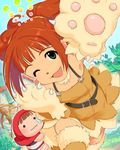  annindoufu_(oicon) armpits belt brown_hair claws doll fur fur_trim gloves green_eyes idolmaster idolmaster_(classic) idolmaster_cinderella_girls jpeg_artifacts little_red_riding_hood looking_at_viewer official_art one_eye_closed ookami_girl_(idolmaster) paw_gloves paws sleeveless smile solo takatsuki_yayoi twintails wolf_paws 