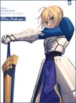  1girl armor artoria_pendragon_(fate) black_corset blonde_hair blue_dress blue_eyes breastplate commentary corset dress excalibur_(fate/stay_night) fate/grand_order fate_(series) gauntlets highres nureta_kasa saber_(fate) simple_background solo white_background 