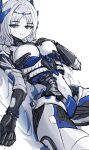  1girl 2003pien blue_eyes breasts colored_skin commentary_request grey_hair hand_on_own_chest highres joints long_hair looking_at_viewer medium_breasts original robot_girl robot_joints smile solo very_long_hair white_background white_skin 