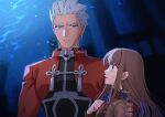 1boy 1girl archer_(fate) arm_around_shoulder armor blue_bow blue_bowtie bow bowtie brown_eyes brown_hair commentary_request dark-skinned_male dark_skin fate/extra fate/extra_record fate_(series) grey_eyes hair_slicked_back hand_on_another's_shoulder high_collar highres kishinami_hakuno_(female) long_hair long_sleeves looking_at_another nora_(lyh_b) open_mouth red_shrug school_uniform short_hair shrug_(clothing) sidelocks spiked_hair tsukumihara_academy_uniform_(fate/extra) upper_body wavy_hair white_hair wispy_bangs 