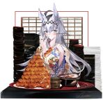  1girl absurdres ahoge animal_ears blue_eyes blush bowl_stack closed_mouth commentary_request ear_ornament eating floral_print floral_print_kimono food glutton green_tea grey_hair hair_between_eyes hair_ornament hairband highres holding horse_ears horse_girl japanese_clothes kimono long_hair long_sleeves multicolored_hair oguri_cap_(umamusume) plate plate_stack print_kimono smile solo takoyaki tea umamusume white_kimono yuu46464949 