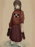  1girl absurdres bandaid bandaid_on_arm bandaid_on_leg blunt_bangs braid brown_background brown_hair checkered_sweater highres holding holding_unworn_clothes holding_unworn_shoes loose_hair_strand madotsuki pink_sweater pleated_skirt print_sweater purple_skirt red_shoes shoes skirt solo solo_focus sweater tataeyo_gekisakuka twin_braids unusually_open_eyes unworn_shoes wading water yume_nikki 