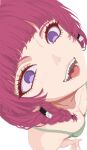 1girl @_@ bocchi_the_rock! breasts cleavage collarbone commentary dress grey_dress highres hiroi_kikuri light_blush medium_breasts nekoffien open_mouth purple_eyes simple_background sleeveless sleeveless_dress smile solo spaghetti_strap white_background 