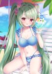  1girl :d apple bare_arms bare_shoulders between_legs bikini blue_bikini blue_sky blurry blurry_background blush breasts chair character_request cleavage cloud collarbone commentary_request crazy_straw day depth_of_field drink drinking_straw fang flower food fruit green_hair hair_between_eyes hair_flower hair_ornament halterneck hand_between_own_legs hand_up heart_straw highres holding large_breasts long_hair lounge_chair navel nekorindou on_chair outdoors pink_flower purple_flower red_eyes red_flower sky smile solo summer swimsuit twintails very_long_hair white_flower yomogi_(becr) 
