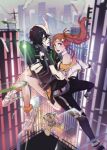 1boy 1girl 1other aiming aiming_at_viewer arm_around_another's_back artist_name black_nails black_pants bleach bleach:_brave_souls breasts brown_eyes brown_hair city cropped_jacket facial_hair furrowed_brow green_eyes hair_between_eyes helmet hetero highres inoue_orihime inoue_orihime_(future_society) jacket keitoz kon_(bleach) long_hair medium_breasts midair nail_polish open_mouth orange_skirt orange_socks pants pleated_skirt ponytail ribbed_socks shoes short_hair single_bare_shoulder skirt socks stuffed_animal stuffed_lion stuffed_toy ulquiorra_cifer ulquiorra_cifer_(future_society) white_jacket white_shoes 