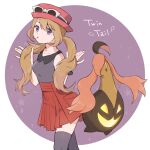  1girl alternate_hairstyle blonde_hair border collared_shirt commentary_request contrast_collar eyewear_on_headwear gourgeist grey_shirt grey_thighhighs hat highres hiryoou holding_own_hair long_hair parted_lips pink_hat pleated_skirt pokemon pokemon_(creature) pokemon_x_and_y purple_background purple_eyes red_skirt round_border serena_(pokemon) shirt skirt sleeveless sleeveless_shirt thighhighs twintails white_border 