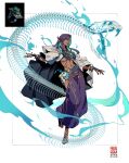  absurdres animal_skeleton aqua_eyes aqua_hair bracelet breasts bridal_gauntlets cape colored_inner_hair dark-skinned_female dark_skin floating full_body hand_up harem_pants highres jewelry julian_futanto midriff multicolored_hair nail_polish navel original pants purple_hair reference_inset ring skeleton_snake skull standing standing_on_one_leg underboob white_background 