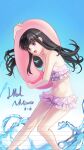  1girl absurdres bikini birthday black_hair commentary_request erabenanechlo frilled_bikini frills hair_ornament hairclip happy_birthday heaven_burns_red highres holding holding_swim_ring innertube long_hair nikaidou_misato open_mouth purple_eyes solo swim_ring swimsuit 