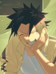  1boy black_hair chalkboard classroom clenched_teeth close-up closed_eyes curtains false_memory he_mingshuo head_rest jacket male_focus open_clothes open_jacket portrait qingmushuihuotu shirt sitting sleeves_rolled_up smile spiked_hair teeth white_shirt 