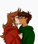  1boy 1girl alternate_skin_color animification antenna_hair bespectacled blush brown_hair closed_eyes clothes_grab commentary couple darkened_skin drawstring edd_(eddsworld) eddsworld english_commentary flipped_hair funkyhoodie genderswap genderswap_(mtf) genderswap_on_non-genderswap glasses grabbing_another's_shirt green_hoodie hair_behind_ear hair_ears hetero highres hood hood_down hoodie kiss long_hair long_sleeves red_hoodie short_hair simple_background sketch tan tori_(eddsworld) u_u upper_body white_background 