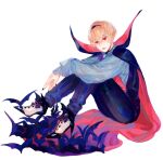  1boy afk_(konnosukeluv) ascot blonde_hair commentary english_commentary fire_emblem fire_emblem_fates halloween halloween_costume high_heels highres leo_(fire_emblem_fates) leo_(nohrian_festival_of_bonds)_(fire_emblem_fates) looking_at_viewer male_focus mystical_high_collar official_alternate_costume red_ascot red_eyes simple_background sitting solo vampire_costume white_background 