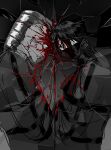  2boys ascot black_ascot black_hair black_mask blood commentary_request cowboy_shot crack cracked_glass e.g.o_(project_moon) forsaken_murderer highres killerohan limbus_company male_focus mask meursault_(project_moon) multiple_boys project_moon regret_(e.g.o) straitjacket 