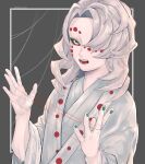  1boy absurdres blue_eyes colored_sclera colored_skin commentary_request demon_boy facial_mark fangs hair_over_one_eye highres japanese_clothes kimetsu_no_yaiba kimono long_hair open_mouth red_sclera rui_(kimetsu_no_yaiba) ryosei_0207 solo white_hair white_kimono white_skin 
