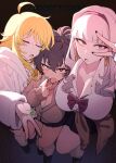  3girls :d :o ahoge animal_print antenna_hair black_background black_hair black_skirt blonde_hair blue_eyes blue_nails blunt_bangs blush bow bowtie breasts brown_cardigan brown_hair cardigan cardigan_around_waist cleavage closed_eyes clothes_around_waist commentary_request double_w earrings fang fingernails foreshortening from_above fur_jacket ganaha_hibiki green_nails grey_cardigan grey_hair gyaru gyaru_v hairband hoop_earrings hoshii_miki idolmaster idolmaster_(classic) irogomi jacket jewelry kogal large_breasts leg_warmers leopard_print long_fingernails long_hair long_sleeves looking_at_viewer loose_bowtie loose_socks miniskirt multicolored_nails multiple_girls nail_polish necklace open_mouth pleated_skirt ponytail project_fairy_(idolmaster) purple_hairband purple_nails red_eyes school_uniform shijou_takane shirt simple_background skin_fang skirt sleeping smile socks sweater sweater_around_waist v v_over_eye v_over_mouth w white_shirt 