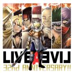  6+boys anniversary armor beard black_eyes black_hair blonde_hair breastplate brown_eyes column_lineup commentary_request cowboy_hat cube_(live_a_live) facial_hair facial_mark facing_viewer forehead_mark green_eyes green_hair hat headband highres holding holding_sword holding_weapon leopard_pelt live_a_live looking_at_viewer male_focus mask master_shinzanken mouth_mask multicolored_hair multiple_boys mustache ninja ninja_mask oboro-maru_(live_a_live) oersted_(live_a_live) own_hands_together pelt pogo_(live_a_live) purple_hair red_headband red_scarf robot saboten7 scarf short_hair sundown_kid sword tadokoro_akira takahara_masaru title tunic weapon white_tunic yellow_eyes 