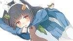  1girl @_@ absurdres animal_ear_hairband animal_ears bird black_hair blue_archive blush commentary_request crossed_arms embarrassed fake_animal_ears hairband highres leaf leaf_on_head lying miyu_(blue_archive) namae_kimaranai open_mouth pantyhose pleated_skirt rabbit_ear_hairband rabbit_ears red_eyes skirt solo weasel white_background white_pantyhose 