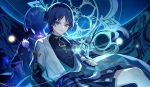  2boys anemo_symbol_(genshin_impact) animal_print back-to-back belt bird_print black_belt black_bodysuit black_bow black_bridal_gauntlets black_hair black_hole black_kimono black_shorts black_sleeves blue_cape blue_gem blue_halo blue_kimono blue_sleeves blunt_ends bodysuit bow bridal_gauntlets cape choppy_bangs closed_mouth commentary_request covered_collarbone dual_persona eyeliner feathers furisode gem genshin_impact glint glowing_gem gold gold_trim hakama hakama_shorts halo halo_behind_head highres japanese_clothes juban kimono kukatsuma layered_sleeves lens_flare makeup mandala mandarin_collar multiple_boys open_clothes open_kimono planet pleated_shorts pom_pom_(clothes) purple_eyes purple_rope purple_sash purple_sleeves red_eyeliner red_kimono rope sash scaramouche_(genshin_impact) scaramouche_(harbinger)_(genshin_impact) shining short_sleeves shorts shoulder_peek side_cape sky smile space star_(sky) starry_sky sun tassel tsurime vision_(genshin_impact) wanderer_(genshin_impact) white_kimono white_sleeves wolf_cut yellow_feathers 