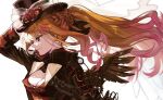  1girl arm_up black_hat blonde_hair braid breasts brown_jacket cleavage closed_mouth commentary earrings floating_hair from_side gradient_hair hair_ribbon hat high_ponytail jacket jewelry large_breasts long_hair long_sleeves macross macross_frontier macross_frontier:_itsuwari_no_utahime multicolored_hair official_alternate_costume open_clothes open_jacket pink_hair ponytail profile ribbon sechi_(stst1850) sheryl_nome sidelocks single_earring single_wing smile solo two-tone_hair untranslatable_commentary upper_body wings 