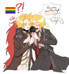  !? 2girls arm_around_shoulder black_coat black_pants blonde_hair blush coat collared_shirt cropped_legs don_quixote_(project_moon) dual_persona english_text fang feather_boa gold_trim highres holding holding_microphone_stand implied_yuri lapels limbus_company long_sleeves microphone microphone_stand multiple_girls necktie notched_lapels one_eye_closed open_mouth pants project_moon rainbow_flag red_eyes red_necktie sancho_(project_moon) selfcest shirt short_hair simple_background singing smile speech_bubble white_background white_shirt zydzvai 