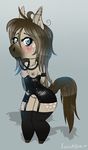  anthro blue_eyes blush breasts brown_hair chibi ear_piercing equine eris eyebrows eyelashes female hair horse legwear lexibutt long_hair looking_at_viewer mammal marefurryfan nipples piercing plain_background pony pussy rubber shadow solo standing stockings 