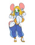  1girl blonde_hair bracelet breasts buck_teeth cleavage closed_mouth colored_skin commentary english_commentary full_body furry furry_female green_eyes grey_skin groin harem_outfit highres iggybomb jewelry large_breasts large_ears medium_hair mouse_girl mouse_tail mouth_veil original shoes simple_background smile solid_circle_eyes solo tail teeth veil white_background yellow_shoes 