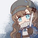  1girl :t anger_vein angry belt blue_coat blue_eyes blue_neckerchief brown_belt brown_gloves chibi chinese_commentary coat commentary_request dress gloves grey_background grey_hat hat holding holding_knife holding_weapon knife marcus_(reverse:1999) neckerchief newsboy_cap reverse:1999 scarf shi_ye_mizhi solo tearing_up two-tone_background upper_body v-shaped_eyebrows weapon white_background white_dress white_scarf 