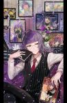  1boy ahoge black_pants black_vest blunt_bangs book closed_mouth collared_shirt commentary_request crossdressing crossdressing_(mtf) glasses green_eyes holding holding_book holding_picture_frame jack_jeanne long_hair long_sleeves looking_at_viewer male_focus mary_jane_(jack_jeanne) necktie neji_kokuto oh_rama_havenna! open_book pants photo_(object) picture_frame pinstripe_pattern pinstripe_vest purple_hair red_necktie semi-rimless_eyewear shirt sissia_of_the_central_nation sitting sleepless_king_(jack_jeanne) smile solo trap under-rim_eyewear vest weekend_lesson_(jack_jeanne) white_shirt yuhazu_(rhe-rhe) 
