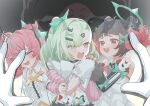  3girls absurdres angels_of_delusion aqua_streaks aria_(human)_(zenless_zone_zero) aria_(robot)_(zenless_zone_zero) aria_(zenless_zone_zero) arm_warmers asymmetrical_bangs bandaid bandaid_hair_ornament black_hair blue_eyes blush bow broken_glass closed_eyes collared_shirt colored_inner_hair commentary_request dress glass green_bow guruguru_mobbu hair_ornament hairclip highres jewelry looking_at_another multicolored_hair multiple_girls multiple_hairclips nangong_yu open_mouth pink_arm_warmers pink_hair red_eyes shirt smile streaked_hair striped_arm_warmers sunna_(zenless_zone_zero) upper_body white_dress white_shirt zenless_zone_zero 