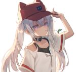  1girl alternate_costume animal_hat baseball_cap baseball_jersey belt_collar black_collar black_tank_top blush cat_hat collar commentary_request dark-skinned_female dark_skin grey_hair hand_on_headwear hat jersey long_hair looking_at_viewer matsukai_mao mouth_hold natsuhiko nijisanji nijisanji_koshien partially_unbuttoned purple_eyes red_hat shirt short_sleeves simple_background single_bare_shoulder single_off_shoulder solo stalk_in_mouth tank_top twintails virtual_youtuber white_background white_shirt 