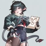  1boy ahoge animal_ears ass asymmetrical_legwear black_hair blue_shorts blush bulge clipboard commentary cropped_jacket dated_commentary english_commentary fingernails from_below from_side fur-trimmed_jacket fur_trim furrowed_brow garter_straps genderswap genderswap_(ftm) green_jacket grey_background grey_eyes grey_tail hair_over_one_eye hand_on_own_hip hand_up high-waist_shorts highres holding holding_clipboard interlocked_mars_symbols jacket jane_doe_(zenless_zone_zero) john_doe_(zenless_zone_zero)_(scopeophilia) long_fingernails long_sleeves looking_at_viewer looking_down male_focus mars_symbol midriff mouse_boy mouse_ears navel_peek necktie open_clothes open_jacket open_mouth pantyhose piercing puffy_long_sleeves puffy_sleeves red_nails round_teeth sheguo short_hair shorts sidelocks simple_background single_garter_strap smile solo standing stud_piercings teeth thighs tongue tongue_out tongue_piercing torn_clothes torn_pantyhose trap turning_head two-tone_necktie uneven_legwear upper_teeth_only zenless_zone_zero 