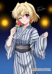  1girl artist_name bath_yukata black_sash blonde_hair blue_background blurry bokeh casual closed_mouth dated depth_of_field earrings food glint gradient_background hair_between_eyes holding holding_food holding_popsicle japanese_clothes jewelry kimono light_blush long_sleeves looking_at_viewer lyrical_nanoha mahou_shoujo_lyrical_nanoha_strikers obi one_eye_closed pinching_sleeve popsicle purple_eyes san-pon sash shamal short_hair signature smile solo standing striped_clothes striped_kimono twitter_username two-tone_background upper_body watermark watermelon_bar white_sleeves wide_sleeves wispy_bangs yukata 