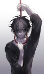  1boy absurdres black_hair black_shirt commentary eyepatch gradient_background hair_between_eyes highres holding holding_rope korean_commentary long_sleeves looking_at_viewer male_focus noose rope scar scar_on_arm scar_on_face scar_on_hand scar_on_mouth self-harm_scar shirt short_hair simple_background slow_damage smile straight-on t4o3q towa_(slow_damage) upper_body 